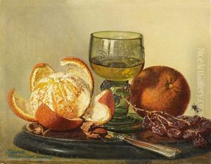 Stillleben - Auf Einem Marmorteller Orange, Rosinen Und Ein Glas Wein by Friedrich Heimerdinger