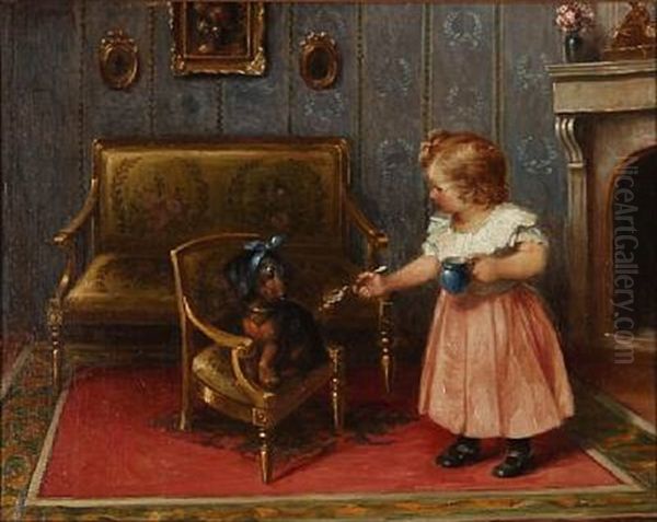 Interior With A Little Girl Feeding Her Dog - view 1