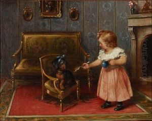 Interior With A Little Girl Feeding Her Dog by Josef Heimerl