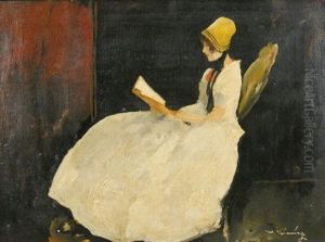 Die Musestunde. Eine Im Sessel Sitzende Dame In Weisem Kleid, Sich Der Lekture Hingebend by Walter Heimig