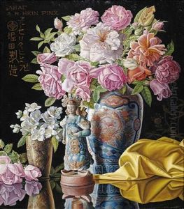 Arai. Stilleben Mit Blumen In Asiatischen Vasen Und Einer Figurine Auf Lacktisch by Alois Raimund Hein