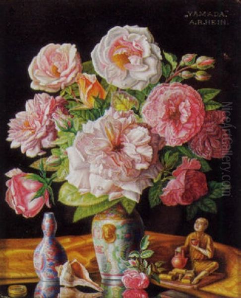 Stilleben Mit Rosen Und Asiatischem Dekor Vor Dunklem Hintergrund - view 1