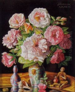Stilleben Mit Rosen Und Asiatischem Dekor Vor Dunklem Hintergrund