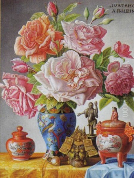 Stilleben Mit Rosen Und Asiatischem Dekor Vor Hellem Hintergrund - view 1