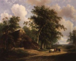 A Summer Landscape With A Hersman And Cattle On A Country Road