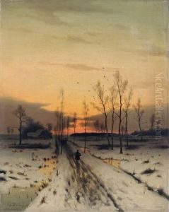 Spazierganger In Einer Abendlichen Winterlandschaft by Eduard Hein