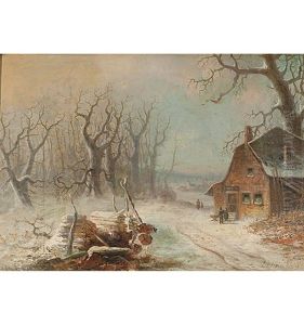 Verschneite Landschaft Mit Haus Und Figurenstaffage by Eduard Hein