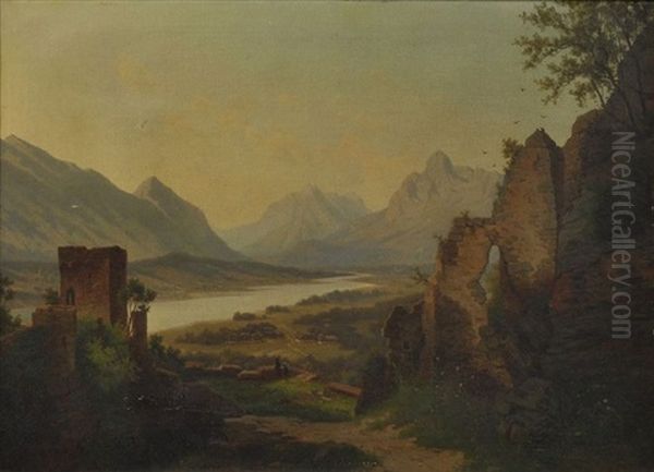 Rheinlandschaft, Im Vordergrund Burgruine - view 1