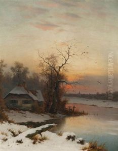 Bauernaus Im Wald Am Gefrorenen Flus by Eduard Hein