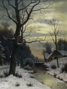 Winterlandschaft Mit Gehoft Und Wald An Einem Kanal by Eduard Hein