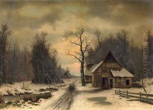 Winterliche Landschaft Mit Bauernkate. Abendstimmung by Eduard Hein