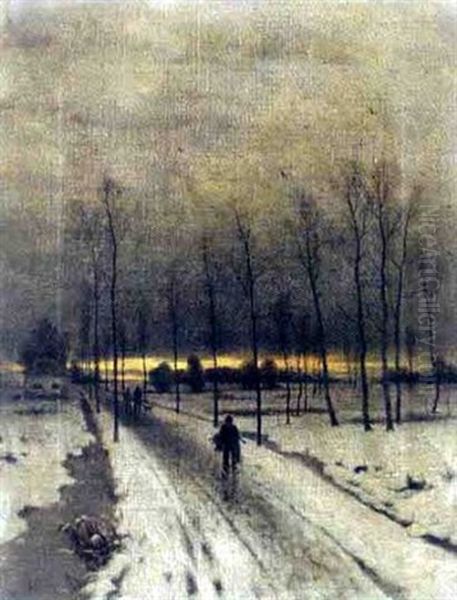 Verschneite Allee Bei Sonnenuntergang Mit Heimkehrenden Jagern - view 1