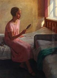 Interior With A Young Girl Holding A Mirror by Einar Hein