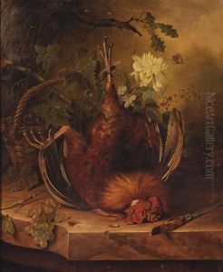 A Rooster, Grape Vines, Various Flowers And A Wicker Basket With Blue Grapes, A Hunting Knife And White Grapes On A Ledge