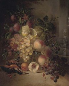 Grapes, A Lemon, Plums, Blackcurrants And Peaches In A Bowl With A Kingfisher And Chaffinch By A Pillar by Hendrik Jan Hein