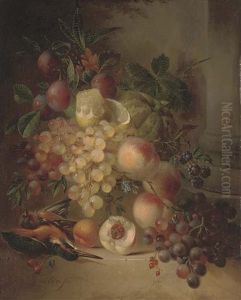 Grapes, A Lemon, Plums, Blackcurrants And Peaches In A Bowl By A Kingfisher And A Chaffinch By A Pillar by Hendrik Jan Hein