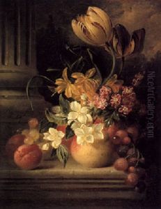 A Still Life With Peaches, Grapes, Parrot Tulips And Other Flowers On A Marble Ledge