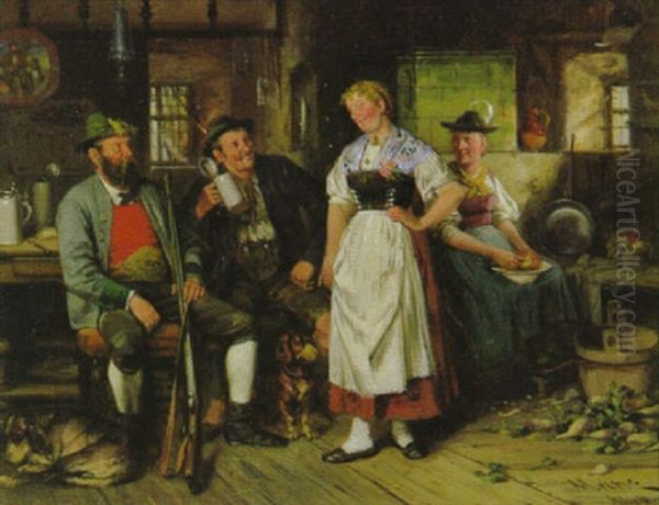 Oberbayerische Bauernkuche Mit Zwei Bauerinnen In Frohlichem Gesprach Mit Den Jagern - view 1