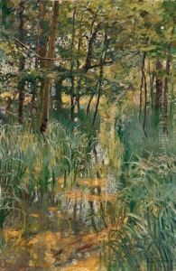 Waldlandschaft Mit Bachlauf Und Schilf by Thomas Theodor Heine