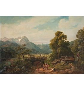Kleines Dorf Im Tal Mit Wegkreuz Und Bauersleuten Im Gesprach