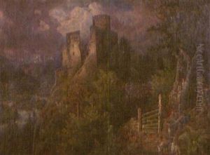 Jager Bei Der Rast Mit Blick Auf Eine Bergruine by Johann Baptiste Heinefetter