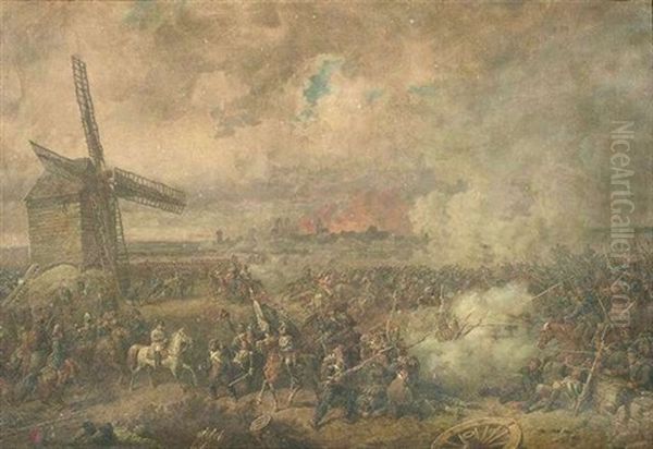 Schlachtenszene Mit Napoleon Vor Dem Hintergrund Einer Brennenden Stadt - view 1