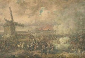 Schlachtenszene Mit Napoleon Vor Dem Hintergrund Einer Brennenden Stadt by Johann Baptiste Heinefetter