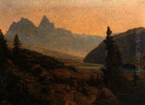 Flusslandschaft (der Junge Rhein?) Im Hochgebirge Mit Figurenstaffage Auf Altem Weg. by Johann Baptiste Heinefetter