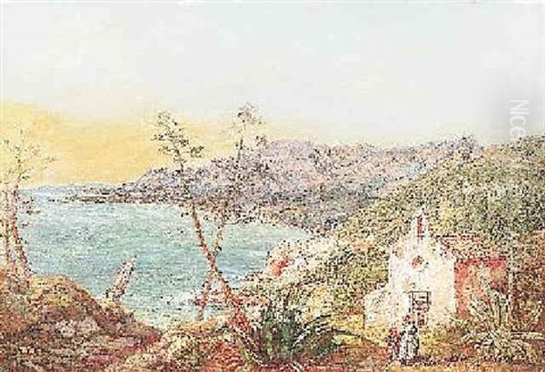 Ligurische Kustenlandschaft. Im Vordergrund Mutter Mit Kind Bei Einer Kapelle - view 1
