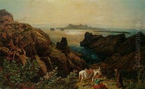 A Monk And A Traveller Meeting In A Rocky Coastal Landscape