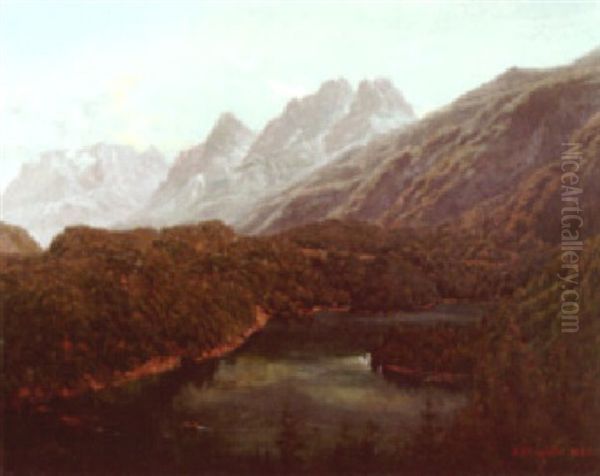 An Alpine View With Figures In A Boat On The River - view 1