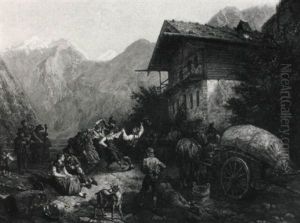 Tiroler Bauern Beim Tanz Am Ufer Des Gebirgssees by Johann Baptiste Heinefetter