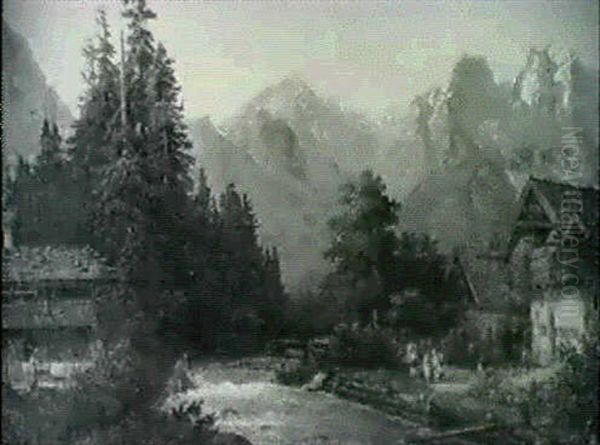 Traveler In Front Of Alpine Cottages - view 1