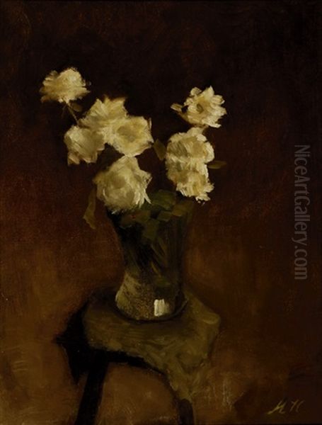 Still-life With White Roses In A Glass Vase On A Stool - view 1