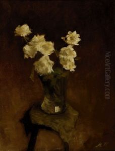 Still-life With White Roses In A Glass Vase On A Stool by Marie Heineken