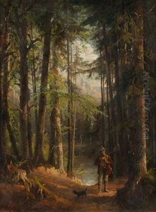Pfeife Rauchender Jager Mit Dachshund Am Waldsee