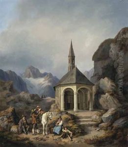 Reisende Vor Einer Kleinen Kapelle Im Gebirge