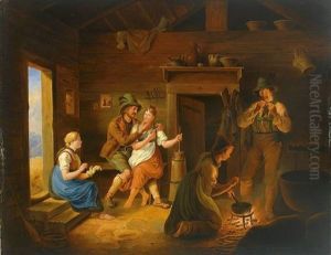 Blick In Einen Sennhutte Mit Reicher Figurenstaffage by Johann Philipp Heinel