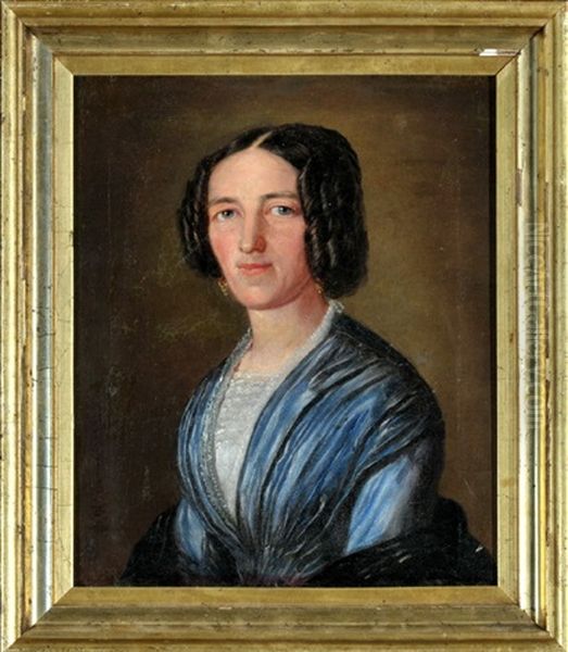 Portrait Einer Dame Im Blauen Kleid In Dreiviertel-ansicht - view 1