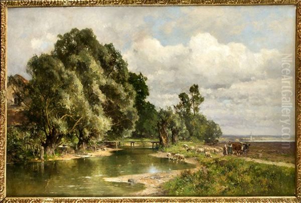 Schafhirtin Und Bauer Mit Ochsengespann In Bayerischer Flusslandschaft - view 1