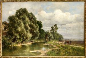 Schafhirtin Und Bauer Mit Ochsengespann In Bayerischer Flusslandschaft by Karl Adam Heinisch