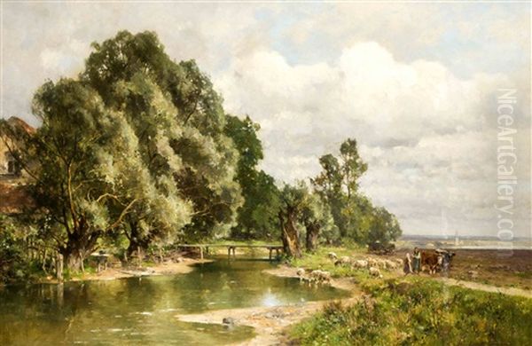 Schafhirtin Und Bauer Mit Ochsengespann In Bayerischer Flusslandschaft - view 1