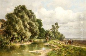 Schafhirtin Und Bauer Mit Ochsengespann In Bayerischer Flusslandschaft by Karl Adam Heinisch