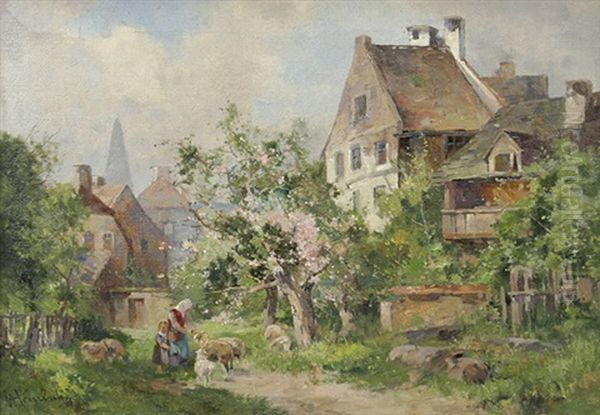 Bauerin Mit Schafen Bei Einem Dorf - view 1