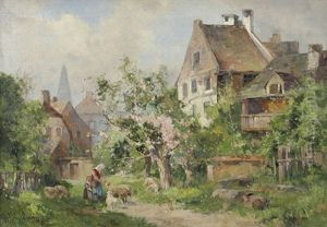 Bauerin Mit Schafen Bei Einem Dorf Bauerin Mit Schafen Bei Einem Dorf