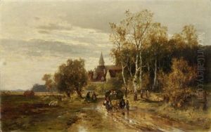 Schafer Mit Schafherde Am Stadtrand by Karl Adam Heinisch