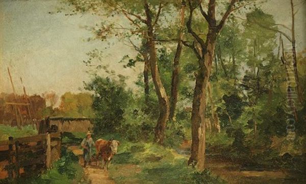 Bauer Mit Rind In Landlicher Idylle Am Bachlauf - view 1