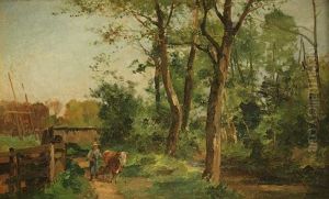 Bauer Mit Rind In Landlicher Idylle Am Bachlauf by Karl Adam Heinisch
