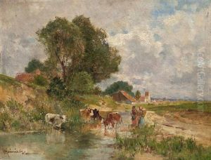 Kuhe An Einer Furt by Karl Adam Heinisch