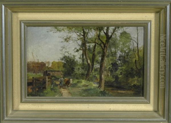 Sommerliche Flusslandschaft Mit Bauer Und Rind Auf Dem Heimweg - view 1